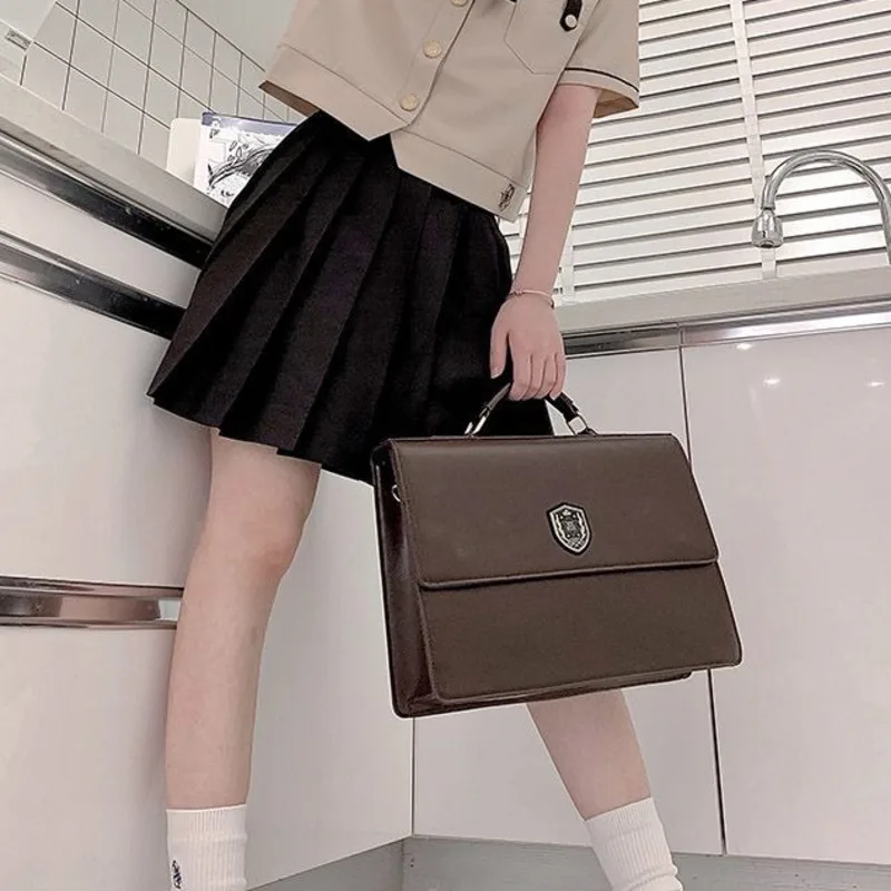 PU Brown Lolita Girls Japanese Handbags Transparent Pocket JK Uniform Student Messenger Bag Y2k Original Harajuku Square Itabags