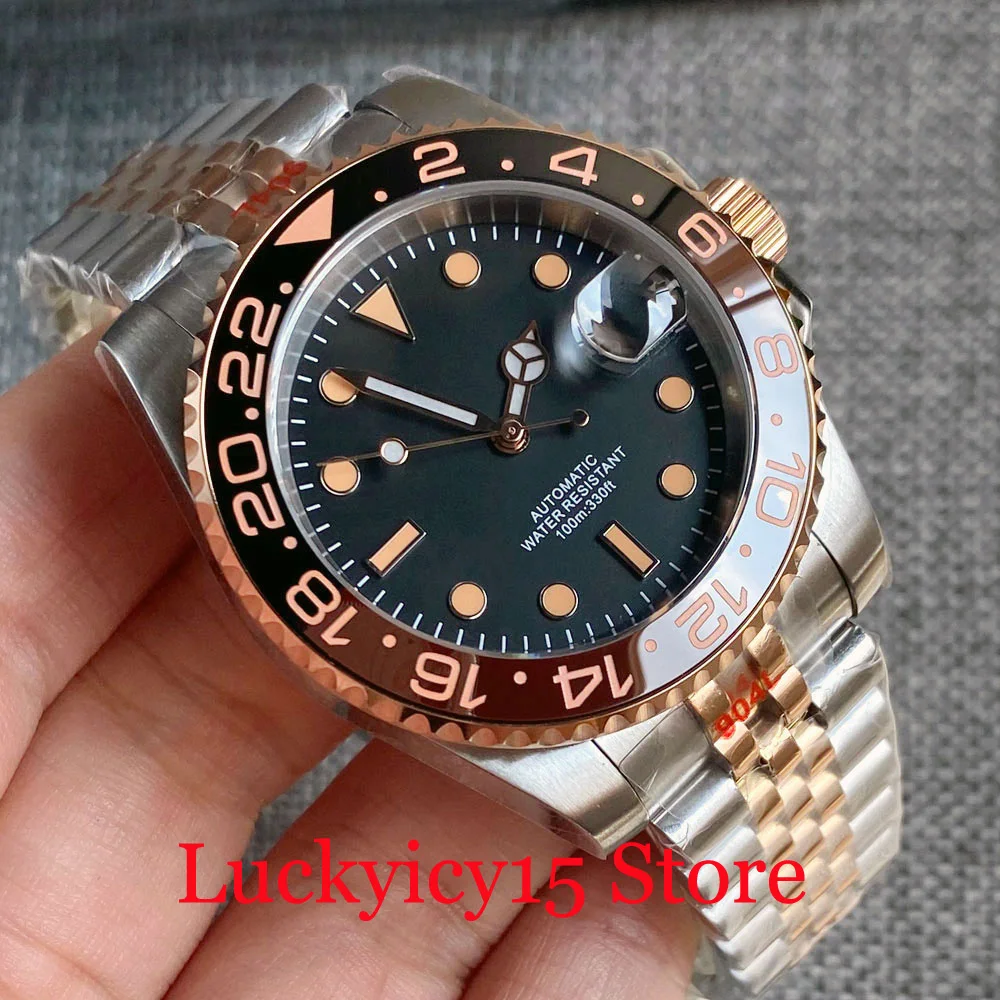 

Bliger Black Sterile Dial Black Coffee Ceramic Bezel 40MM Automatic NH35A Men's Watch Two Tone Rose Gold Strap Sapphire Glass