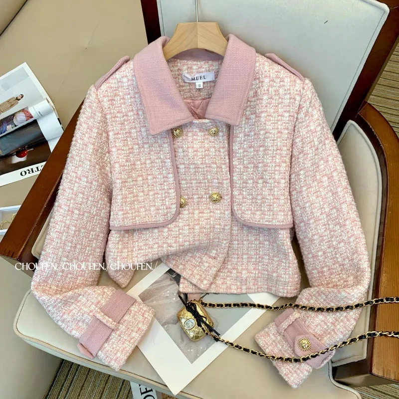 Pant Sets 2 Piece  Tracksuit Spring Autumn Pink Tweed Jacket Wige Leg Trousers Femme New Lapel Plaid Coat Tailored Woolen