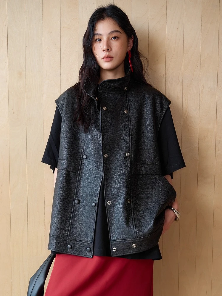 

Casual Black Genuine Leather Sleeveless Vest Jackets for Women High-end Simple Stand Collar Lychee Texture Real Sheepskin Coat