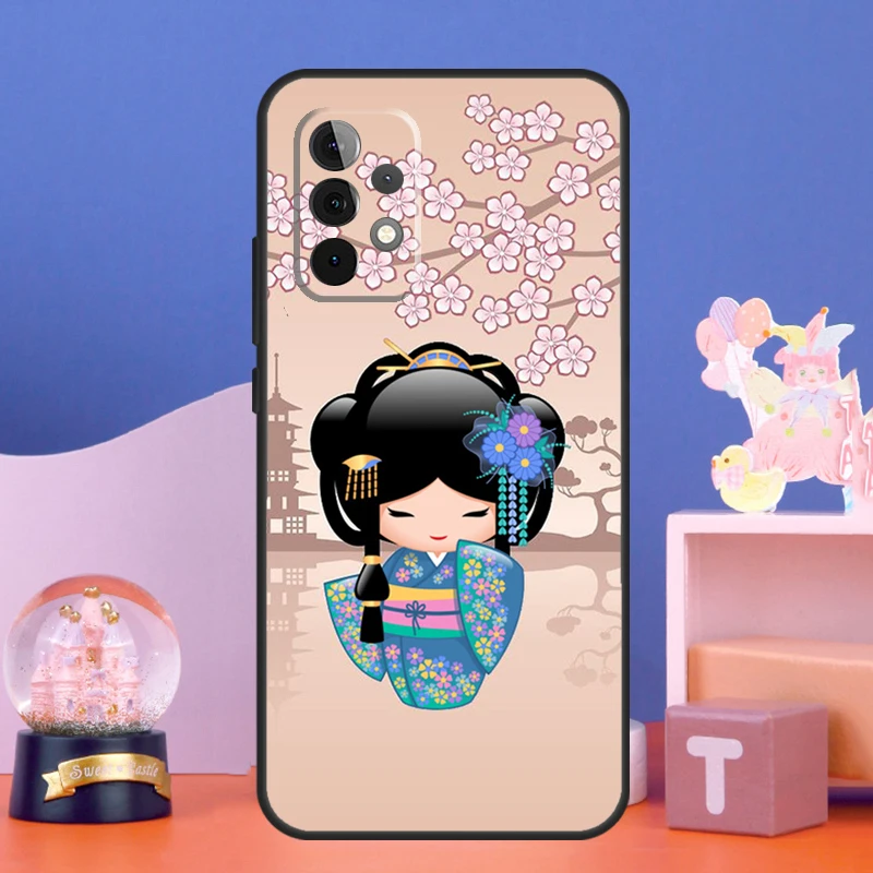 Japanese Geisha Kokeshi Doll Case For Samsung Galaxy A52 A32 A22 A12 A14 A24 A34 A54 A53 A33 A13 A15 A25 A71 A51 Cover