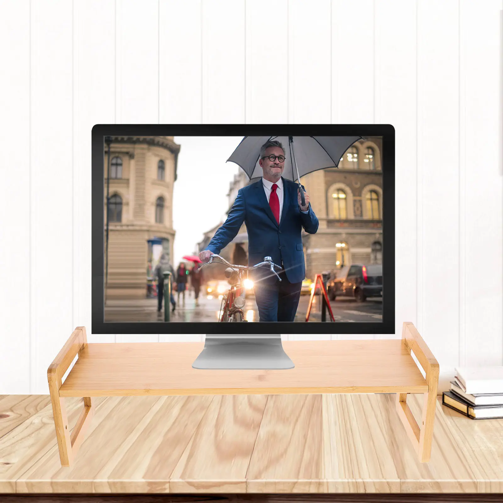 Bamboo Desktop Monitor Riser Stand Multi Functional Computer Laptop Shelf Detachable Space Saving Ergonomic Desk Storage