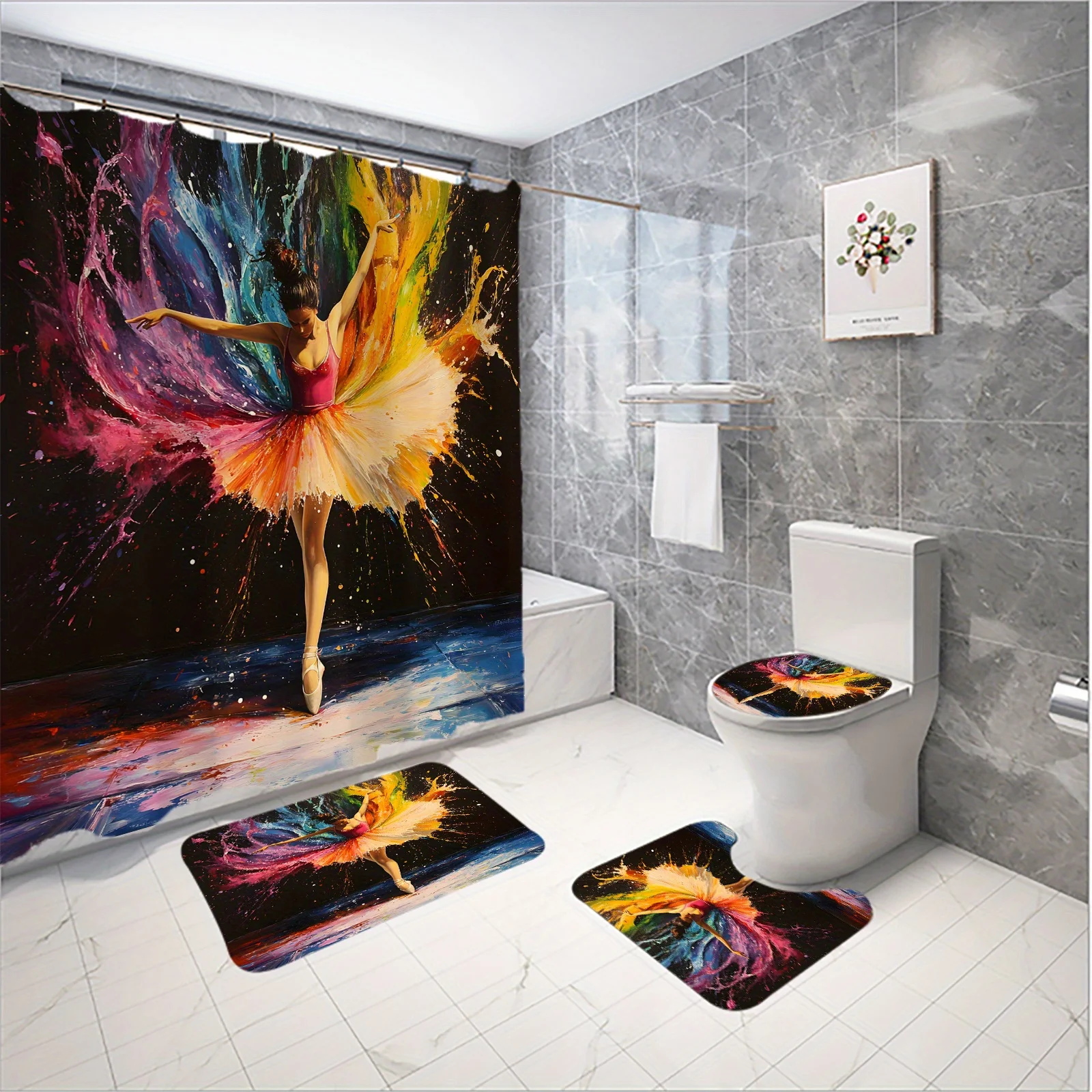 Dancing Ballerina Bathroom Set: Shower Curtain, Mat, Towel, Toilet Cover - 4Pcs Waterproof Decor for an Artistic Bath