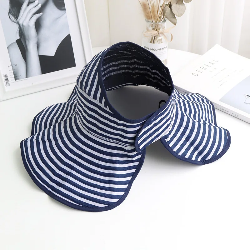 Outdoor Traveling Foldable Visor Hat Summer Wide Brim Stripe UV Protection Sun Cap For Women Ponytail Caps Beach Fisherman Hats