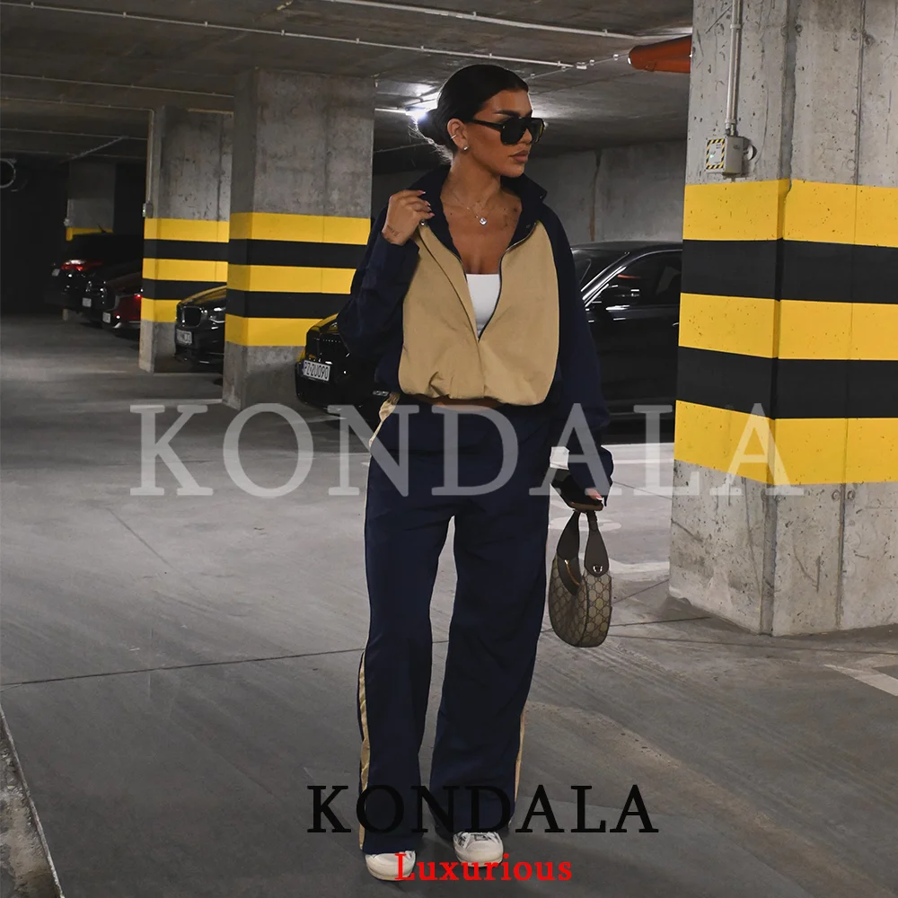 KONDALA Casual Chic Khaki Women Pants Suit Patchwork Zipper Loose Top Long Elastic Waist Pants Fashion 2026 Autumn Sports Suit