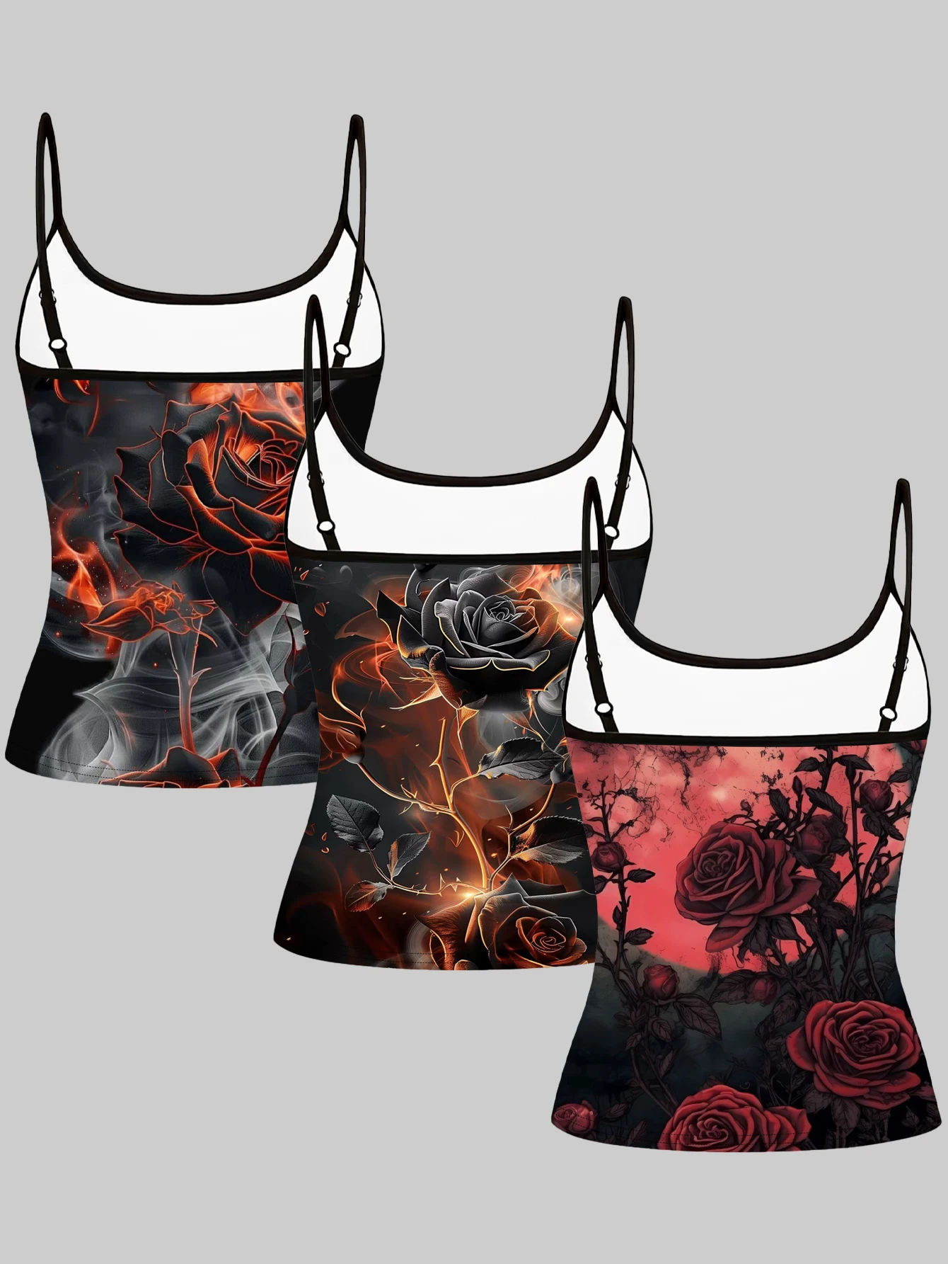 3-Piece Set of Flame Black and Red Rose Print Camisole Tops for Women, Dark Gothic Style Slim Fit Sleeveless Spicy Girl Inner Wear Tops