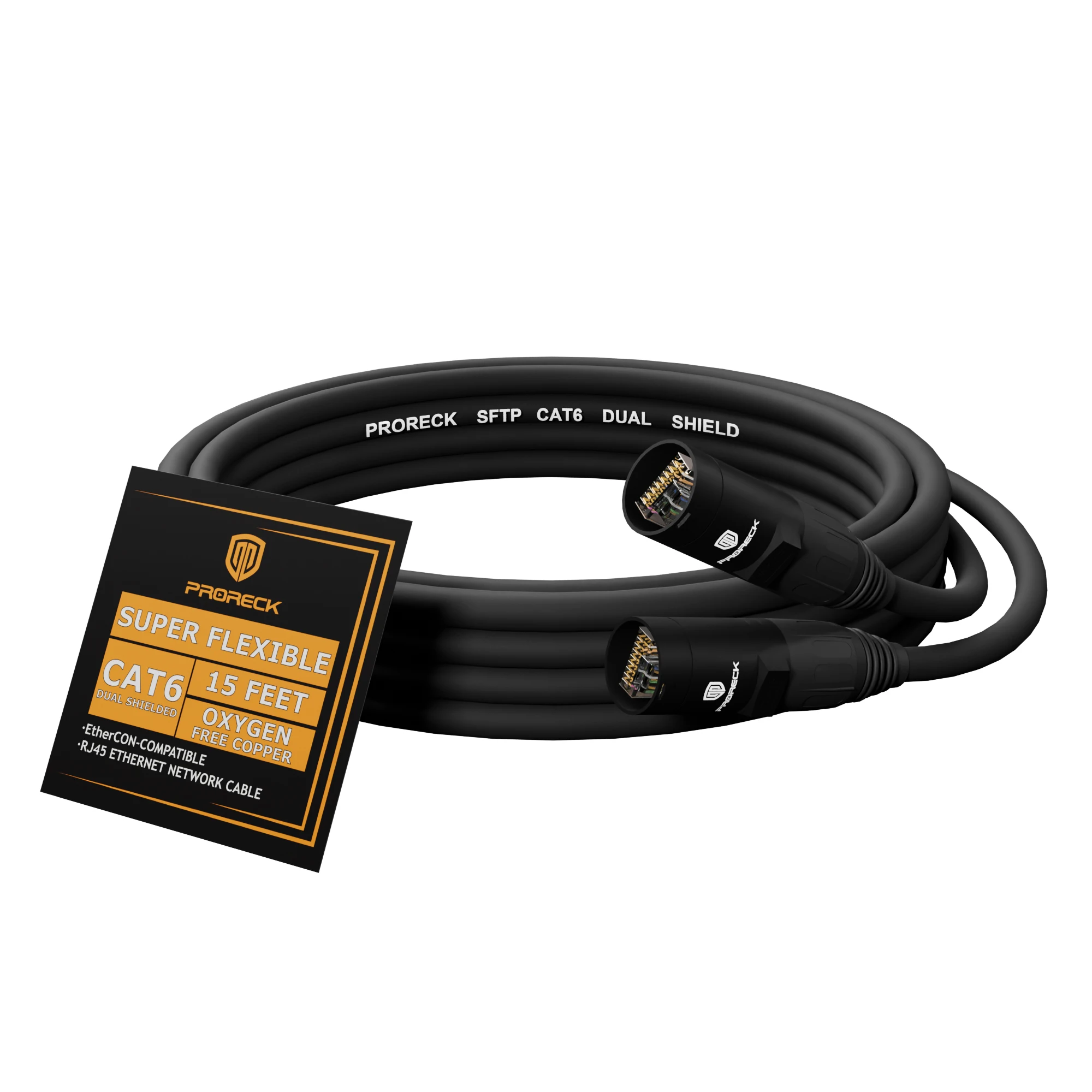 PRORECK SFTP CAT6 Dual Shielded Ethernet Cable with EtherCON RJ45 Connectors,15ft, High-Speed, Ideal for Pro Sound Systems