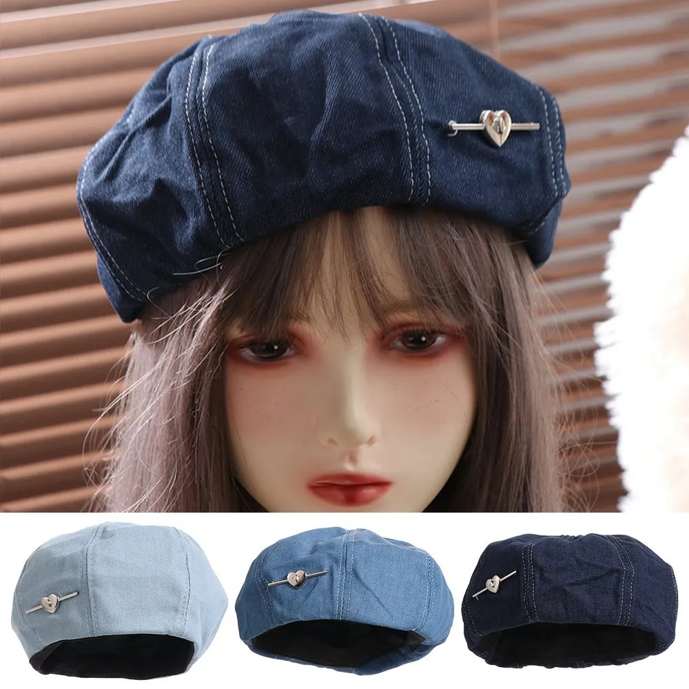Fashion Solid color Love Heart Beret Korean Style All-match Cowboy Beret Cap Y2K Harajuku Denim Octagonal Hat Girl