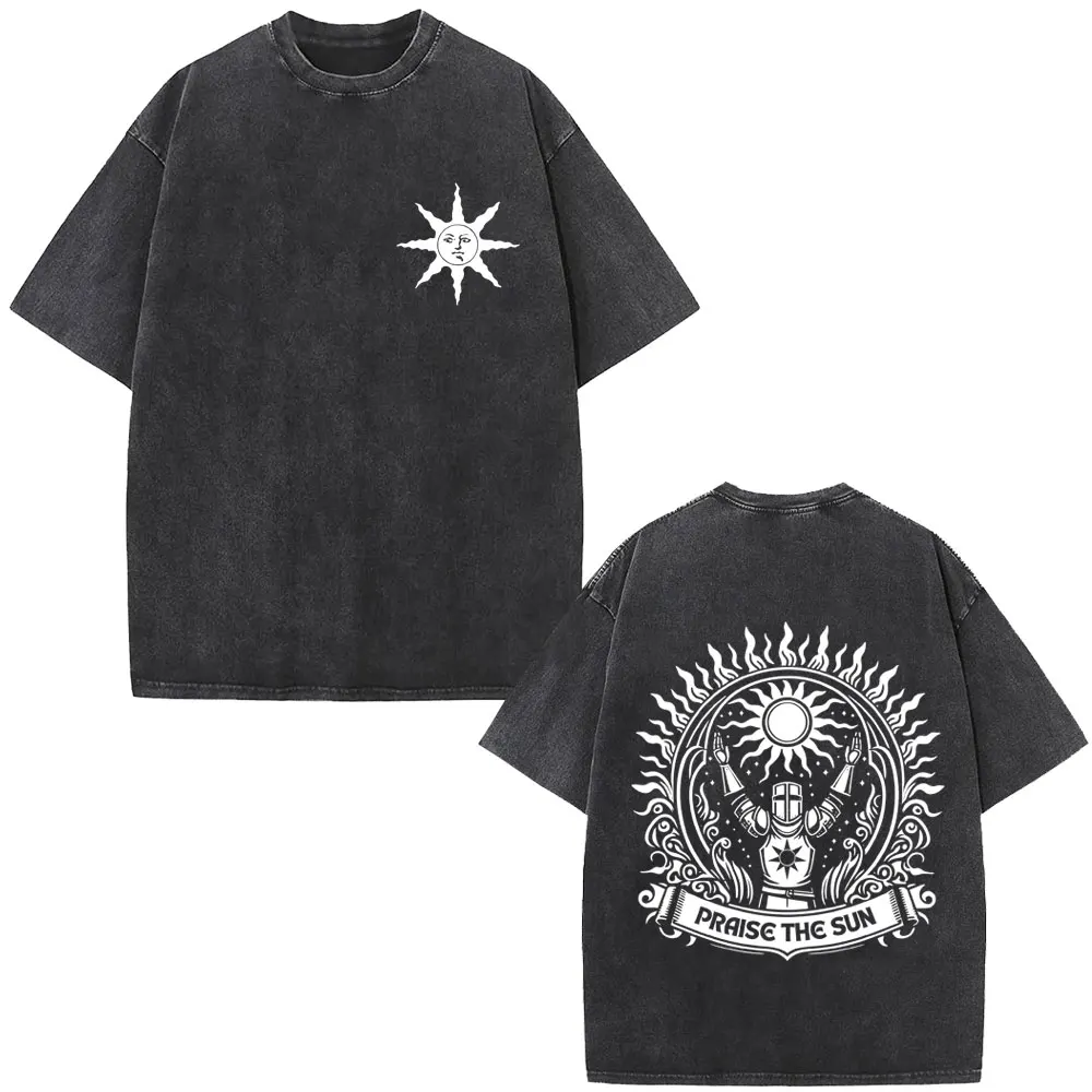 

Washed Vintage Game Dark Souls Praise The Sun Graphic T-shirt Men Women Gothic Rock Oversized T Shirts Men's Casual Tee Shirt