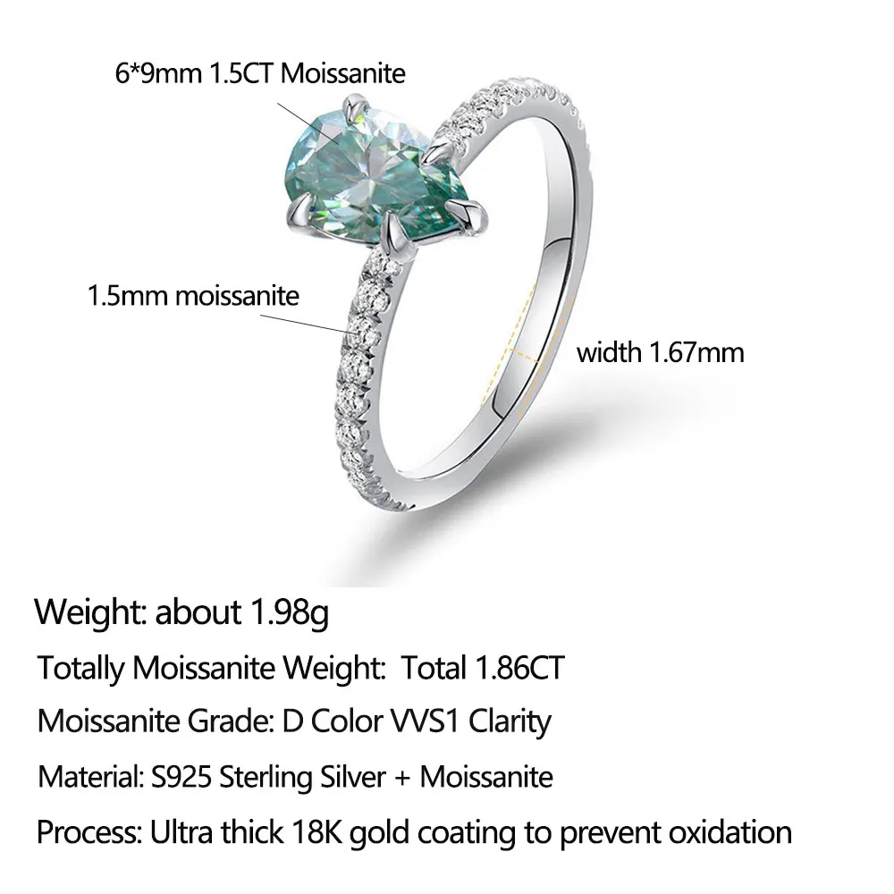 Pretty Beauty 1.5CT Moissanite Engagement Ring for Women 925 Sterling Silver Teardrop Diamond Wedding Band Dainty Jewelry Gift