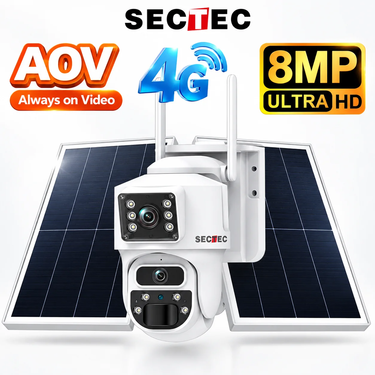 SECTEC AOV Solar Security Camera 4G WiFi Outdoor Wireless 24/7 Continuous Recording 10050mAh Battery IP66 Waterproof