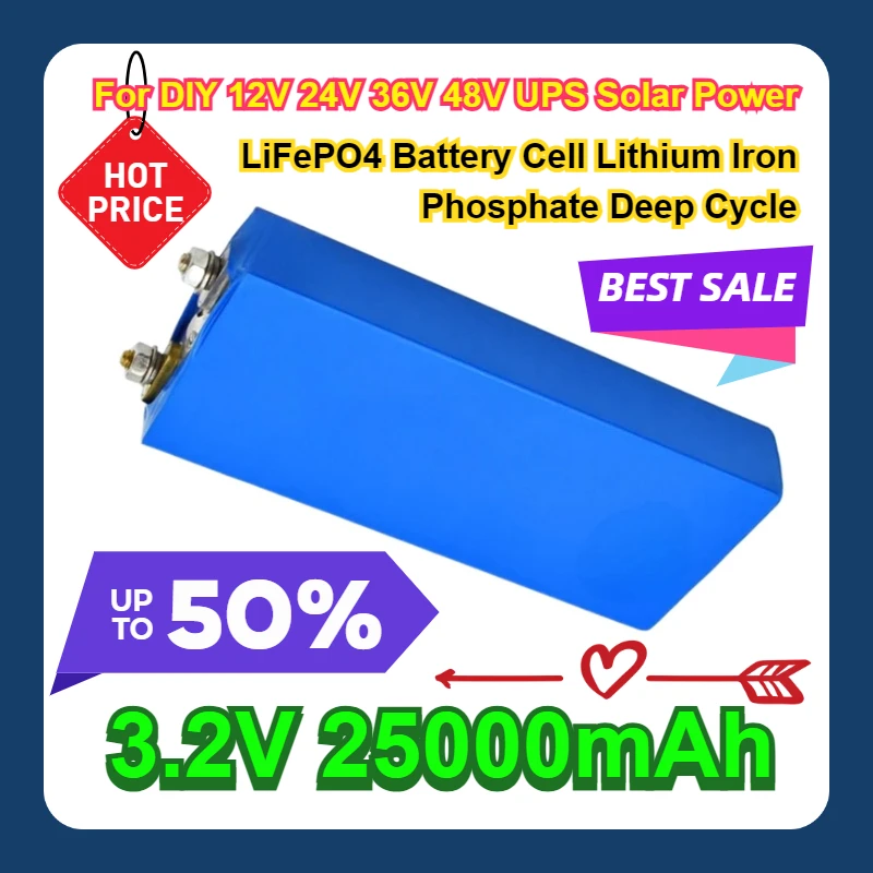 

25Ah 3.2V 25000mAh LiFePO4 Battery Cell Lithium Iron Phosphate Deep Cycles For DIY 12V 24V 36V 48V UPS Solar Power