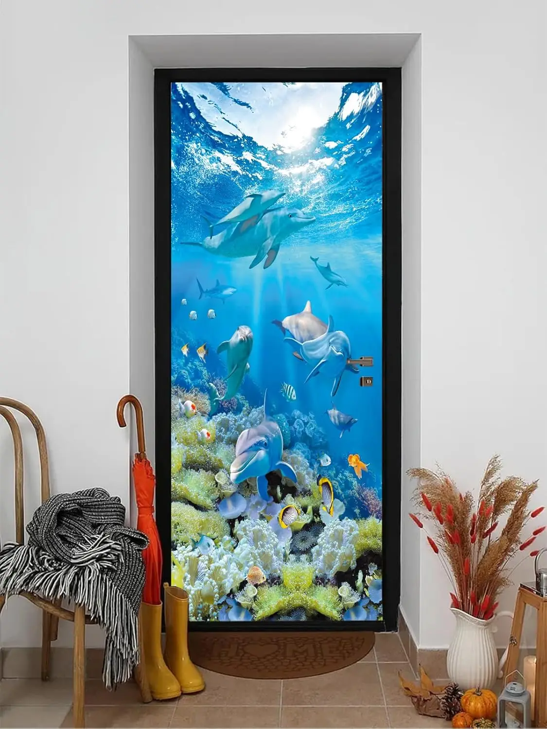 

3D Peel and Stick Door Sticker Self-Adhesive Door Murals Wallpaper-Blue Ocean Dolphins Wall Poster Decal for Home Decor