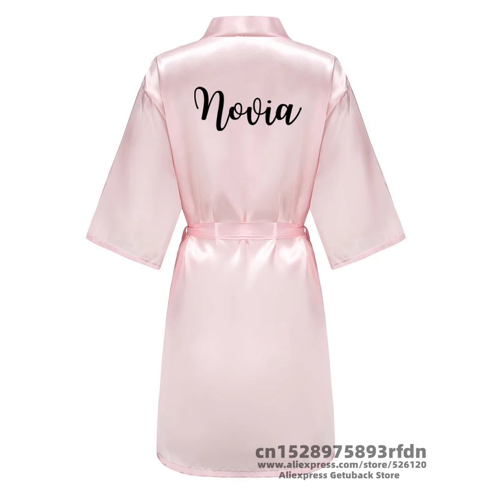 Light Pink Bridal Satin Robe Women Spanish Wedding Robe Novia Kimono Bride Party Bridesmaid Robes