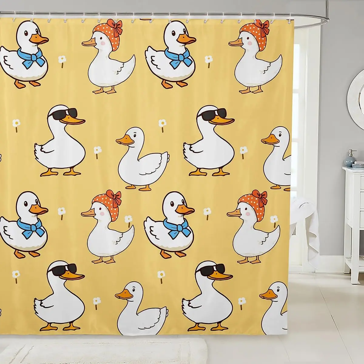 Cute Rubber Duck Shower Curtain Yellow Cartoon Duck Family Bathroom Shower Curtain Novelty Decor Waterproof Bathroom Accessories