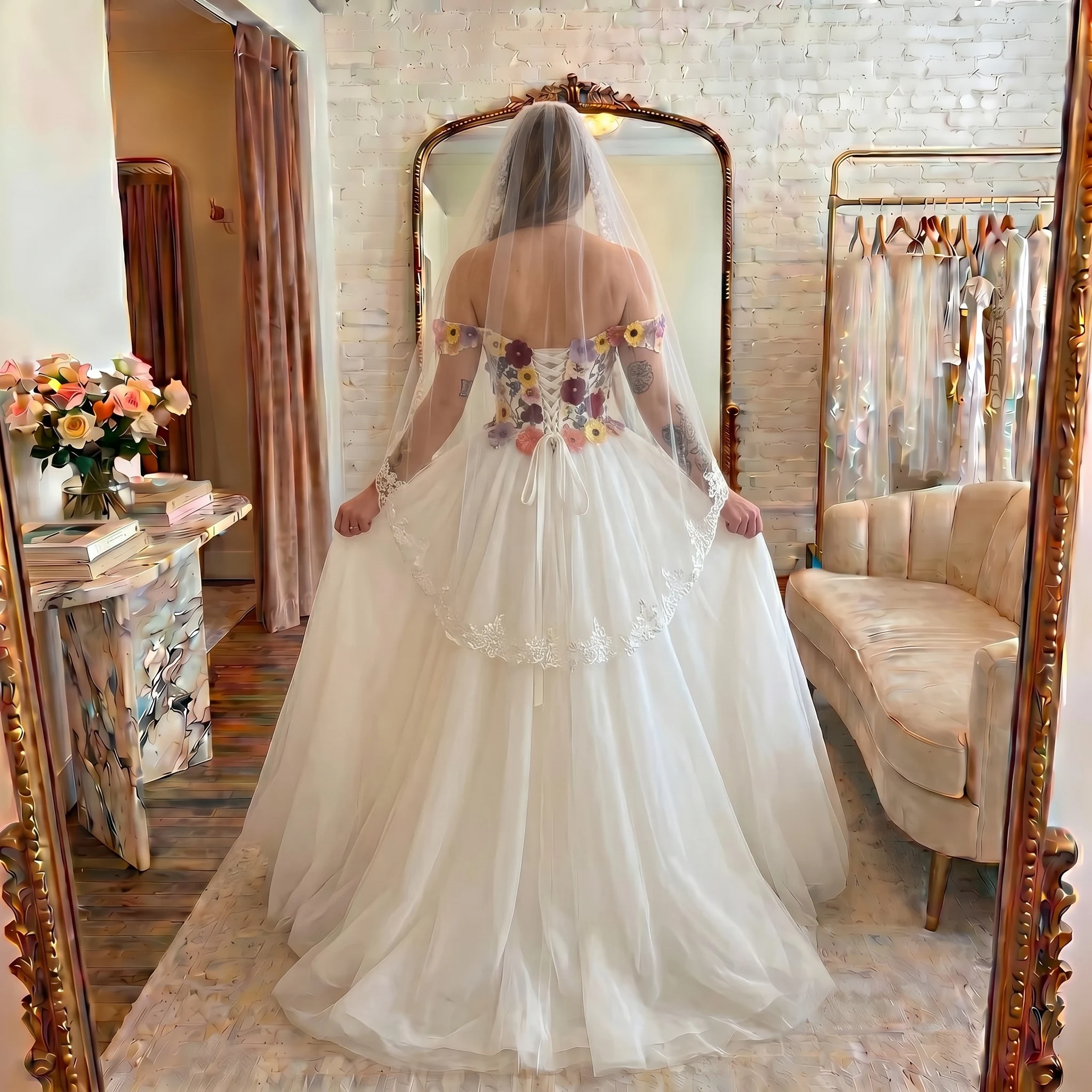 One Shoulder 3D Colorful Floral A Line Wedding Dress Corset Lace Up Back Floor Length Tulle Boho Bridal Gown