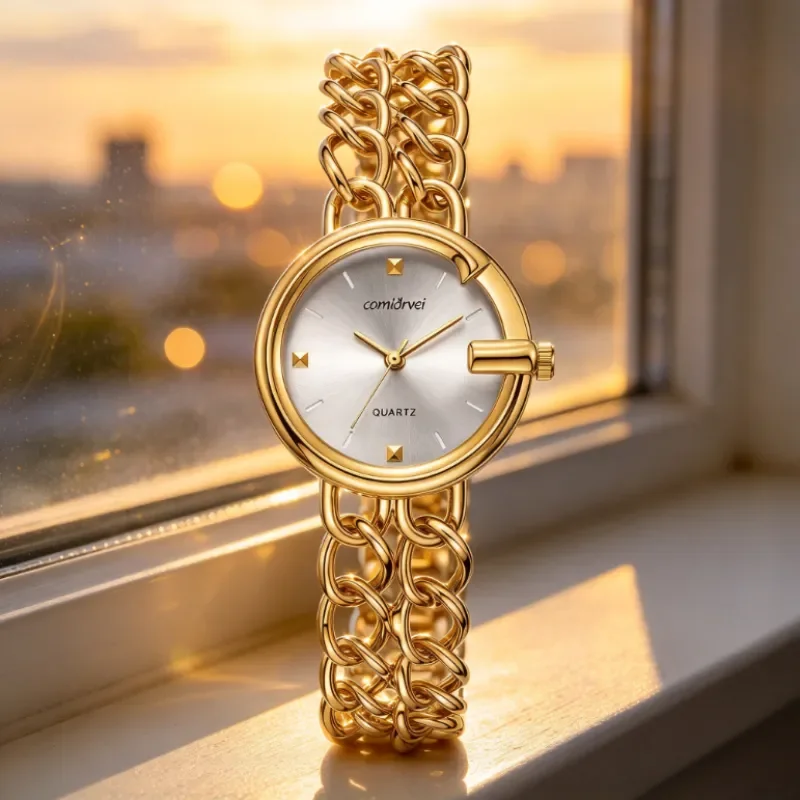 COMLOVEI Minimalist Round Quartz Ladies Watch for Office, Silver Double-Row Metal Bracelet, Brushed Dial with Triangle Hour Mark