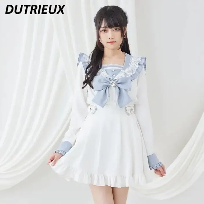 Japanese Sweet Girl Navy Style Big Bow Shirt Spring Autumn All-matching Blouse Mine Kawaii Cute Long-sleeved Lace Tops