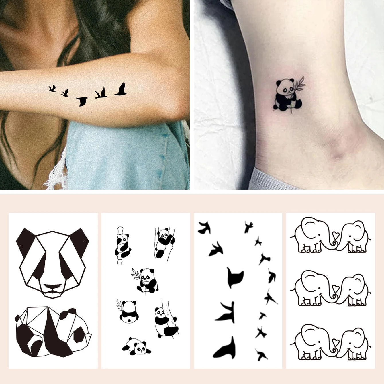 4pcs Waterproof Temporary Tattoo Sticker Pandas birds elephants butterfly elf mermaid Fake Tatto Flash Tatoo Tato for Girl Women