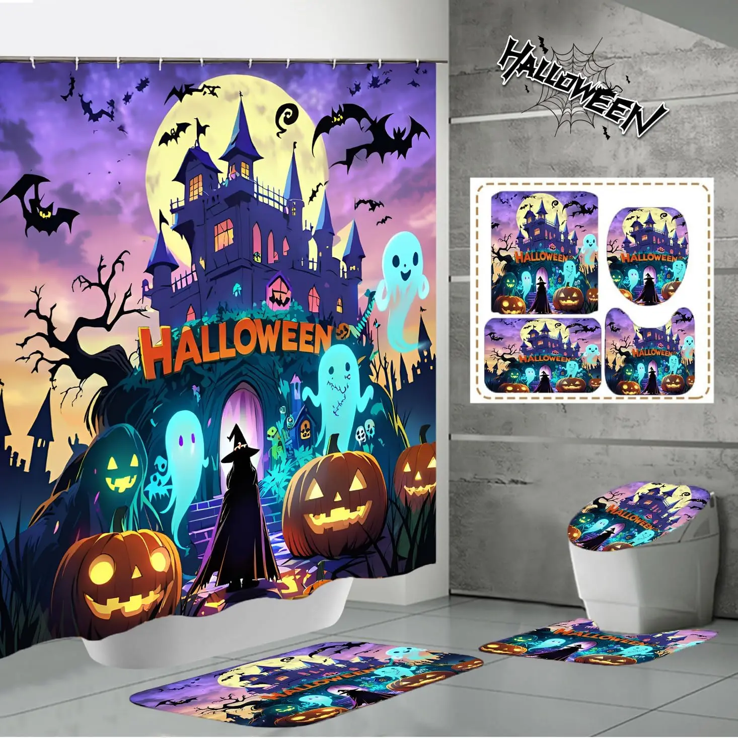 

Halloween Purple Castle Waterproof Shower Curtain,with Non-Slip Rugs,Toilet Lid Cover and Bath Mat,Bathroom Decor Accessory Set