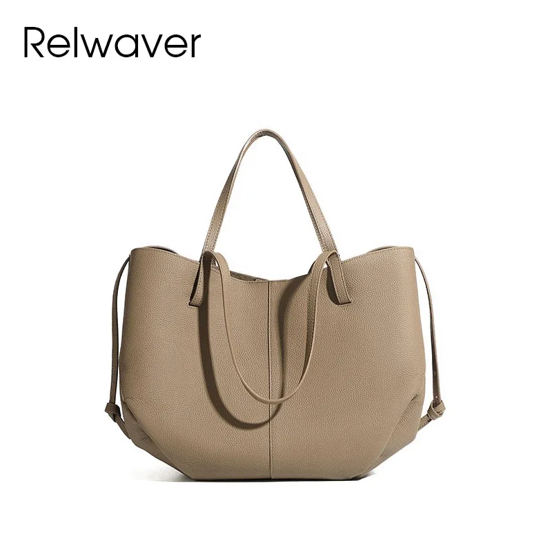 

Relwaver women shoulder bag genuine leather tote bag 2025 autumn winter trapeze shape commuting ladies handbag big shopping bag