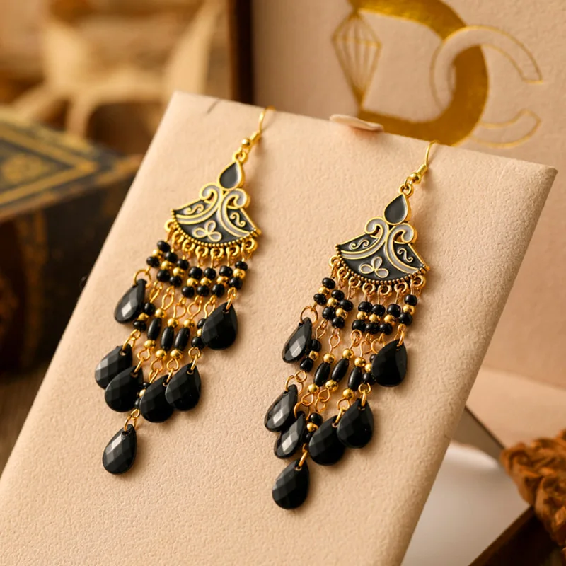 Böhmische mehrfarbige Reis perle Wasser tropfen Ohrringe für Frauen Temperament lange Emaille fächerförmige Ohrring Urlaub Party Schmuck – Detail 9
