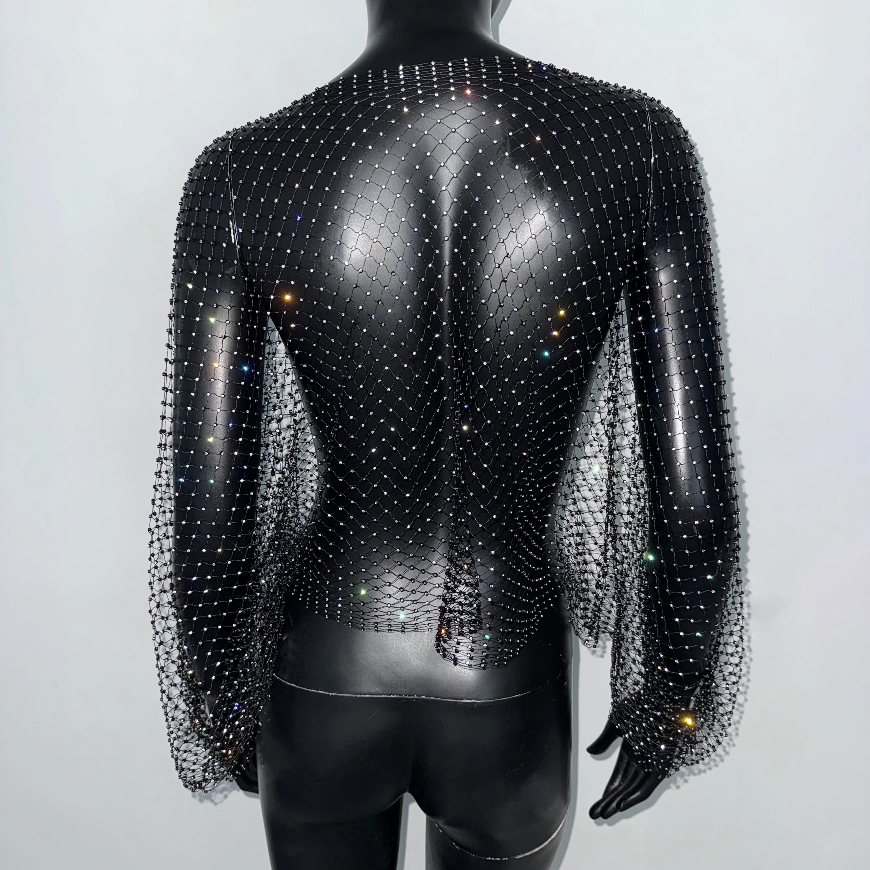 لامعة الماس شبكة صيد السمك كم طويل تي شيرت للنساء مثير انظر من خلال الجوف خارج شبكة عارية الذراعين المحاصيل الأعلى نادي الحفلات تانك القمم