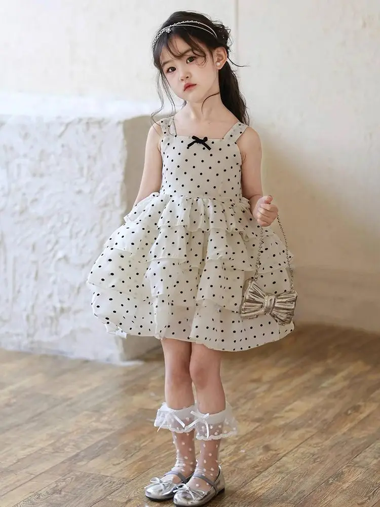 Baby Girls Summer Backless Dot Layered Princess Bow Sleeveless Dress Birthday Holiday Party Children Clothes Beach Sundress