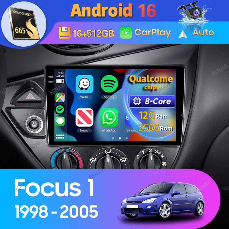 Central Multimídia Automotiva Android 16 com Carplay e Auto para Ford Focus 1 LHD 1998-2005 - Rádio GPS, Navegação, Unidade Principal, Bluetooth, Estéreo Sem Fio, Reprodutor de Vídeo e DVD