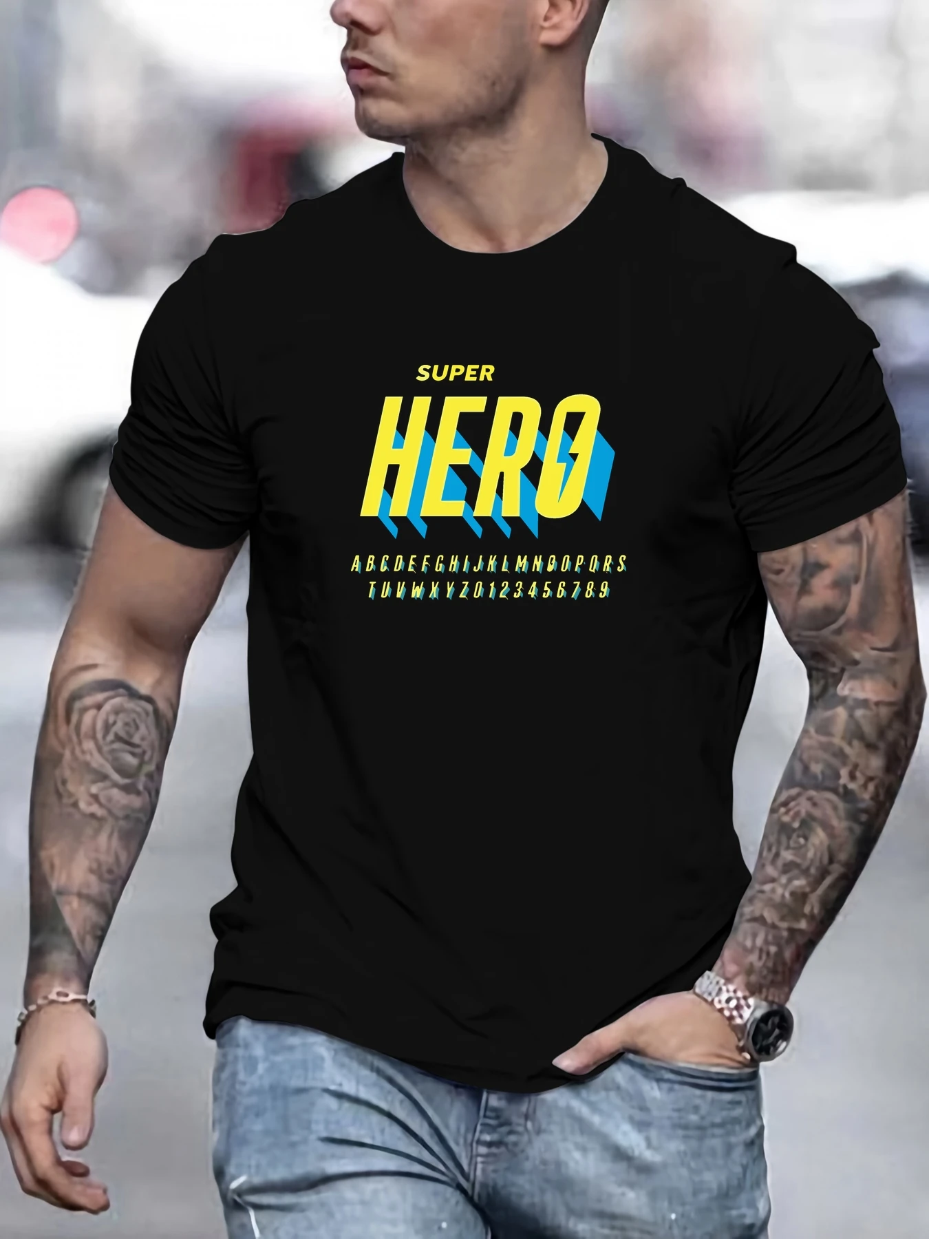 

Men's SUPER HERO pattern summer casual crew neck short T-shirt