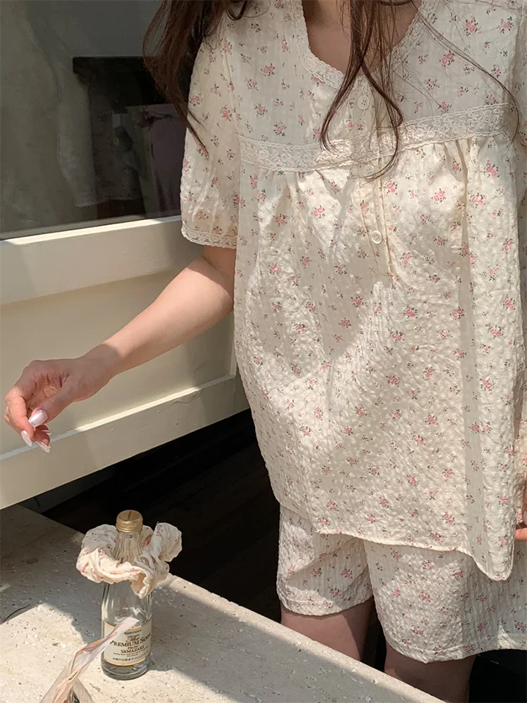 Soft Summer Floral Print Flowers 100%Cotton Sweet Short Sleeved Pajama Set Women Princess V-Neck Home Casual Sleep Tops Ins