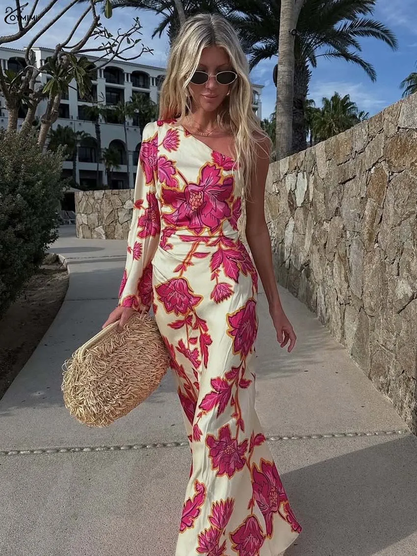 

Oymimi Fashion Pink Print Women's Dress Casual Satin Skew Collar One-Shoulder Long Sleeve Dresses Autumn Straight Slim Dresses