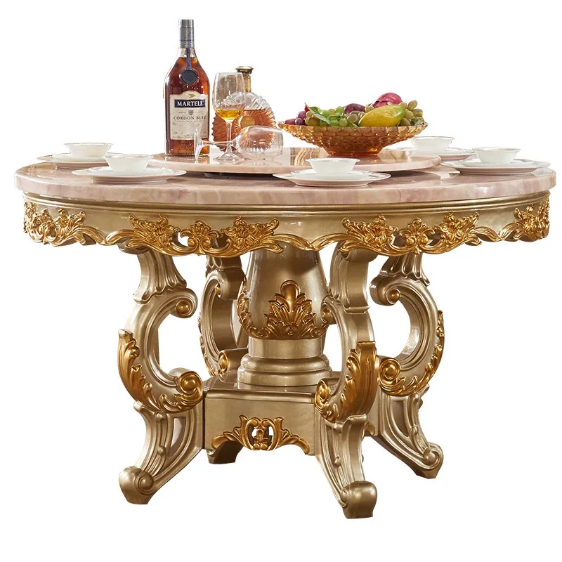 European solid wood natural marble dining table and chair combination eating round dining table home