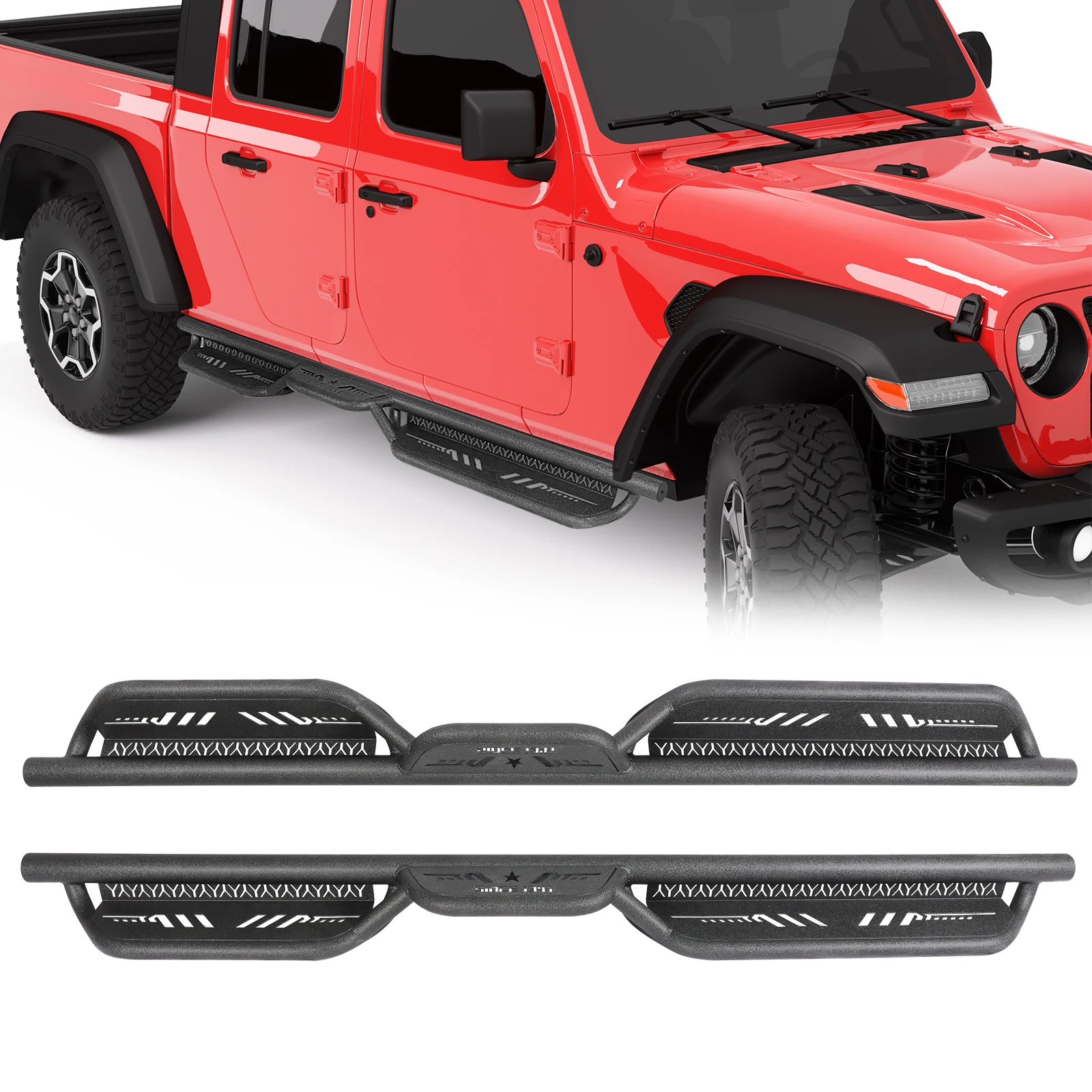 Running Boards For 2020-2025 Jeep Gladiator JT 4 Door, Heavy-Duty Nerf Bars Step Plate Rock Sliders Rail, Two Stairs Nerf Bar