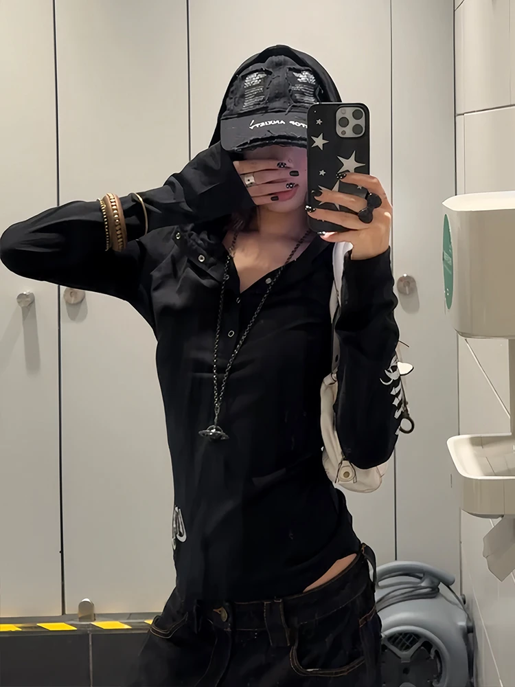 Tonngirls Y2k Vintage T-Shirt Damen Durchsichtig Hoody Crop Tops Slim Print Grafik Tops 2000er Jahre Japanische Grunge Tops E-Girls T-Shirts