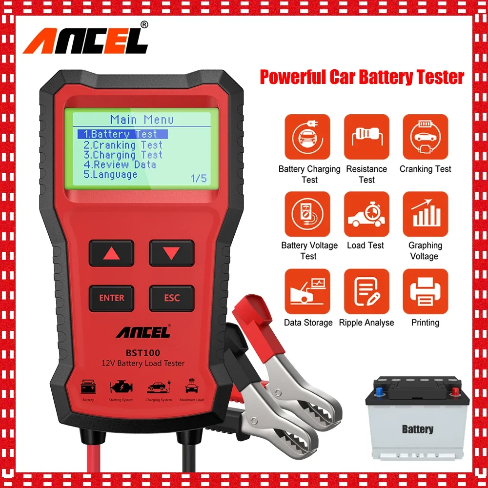 

ANCEL BST100 Car Battery Tester, 12V Cranking Charging Test, OBD2 Car Diagnostic Tool, 2000CCA BCI CCA Battery Analyzer, PK KW60