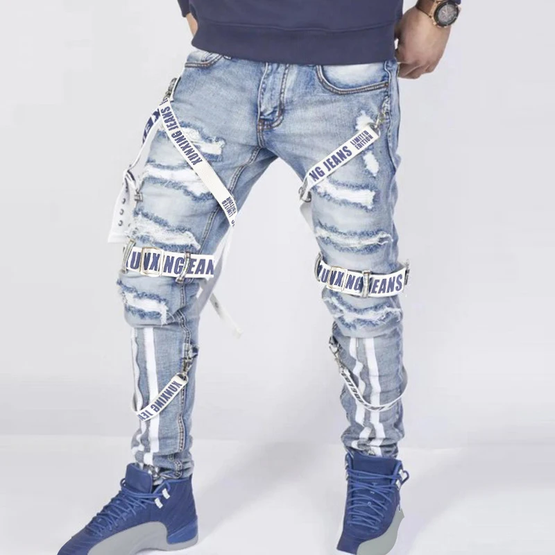 Men's jeans slim fit motorcycle straps blue denim trousers washed blue cut holes multi-craft hip-hop streetwear daily men Pants