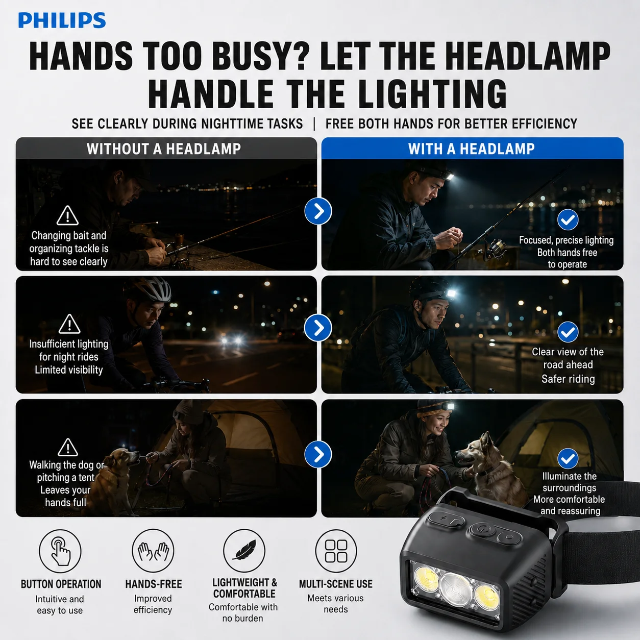 Philips Rechargeable LED Headlamp New 120 Lumens Waterproof Lightweight Headlight for Outdoor Camping Running Hiking Fishing EDC