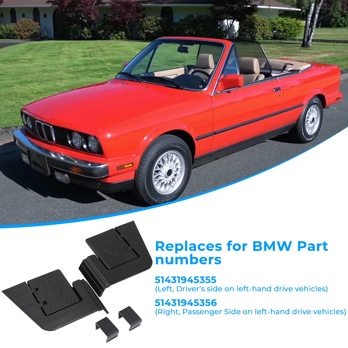 For BMW 325i 1987-1993 Base Convertible 2-Door Black Convertible Folding Top Cover Plates #51431945355 #51431945356