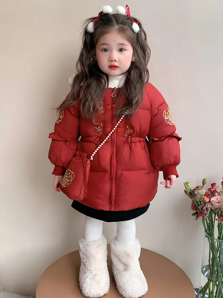 

Утепленная хлопковая куртка в новом китайском стиле для девочек, праздничный зимний наряд на Новый год, свободный крой, длинный рукав