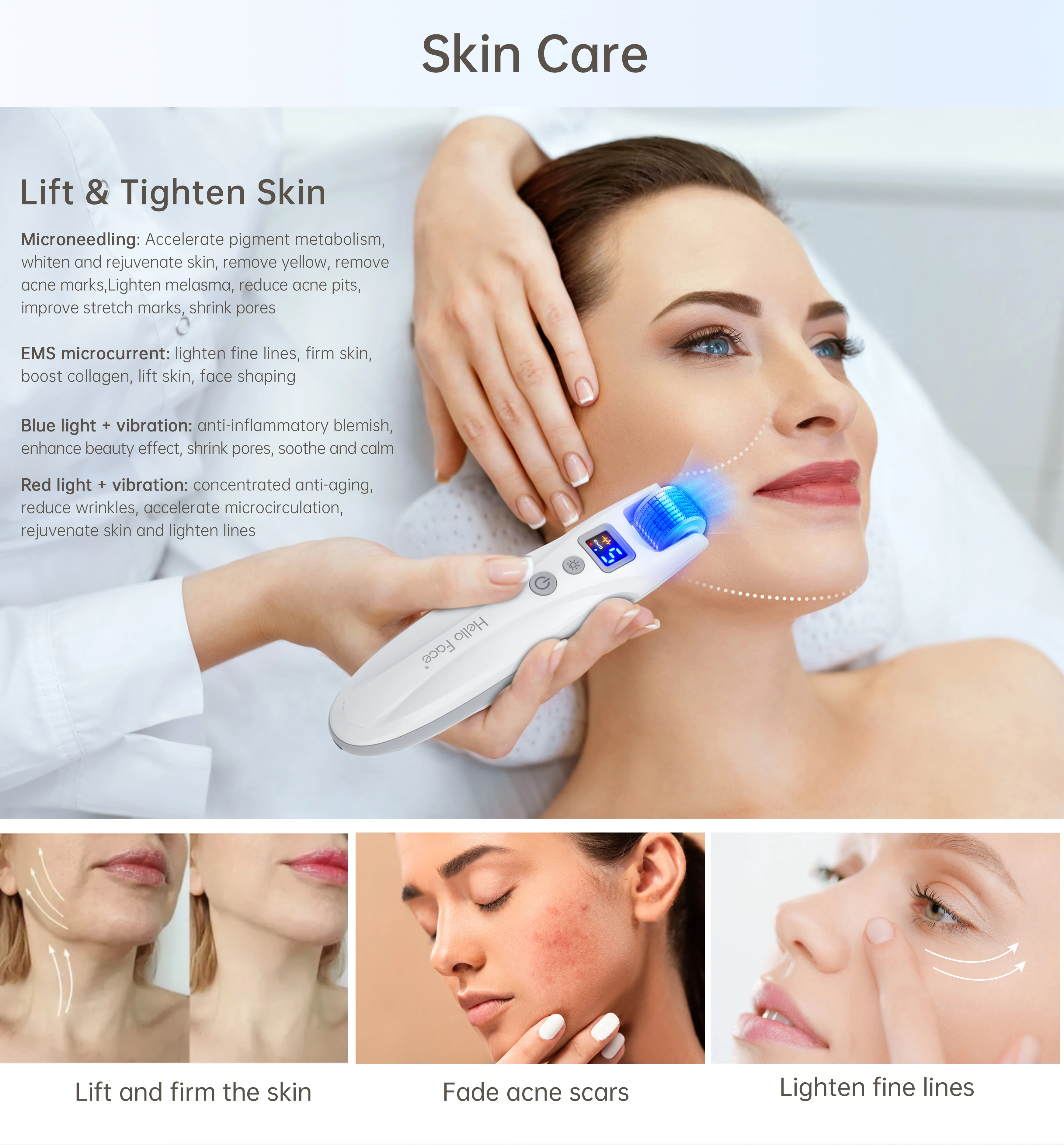 Hello Face Derma Roller G5 Bio Roller G5 Microneedling Red Light Therapy 540 Roller EMS Facial Machine Hair Beard Regrowth Tool