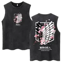 Camisetas sin mangas de Anime Attack on Titan Wash Ackerman Mikasa Eren Jaeger con Logo de flor de cerezo, Camiseta sin mangas de algodón para hombres y mujeres