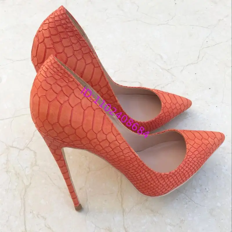 Women Orange Snake Dress Stilettos Plus Size 45 Design Women 12Cm Heel Leather Orange Snakeskin Pointed Toe High Heels
