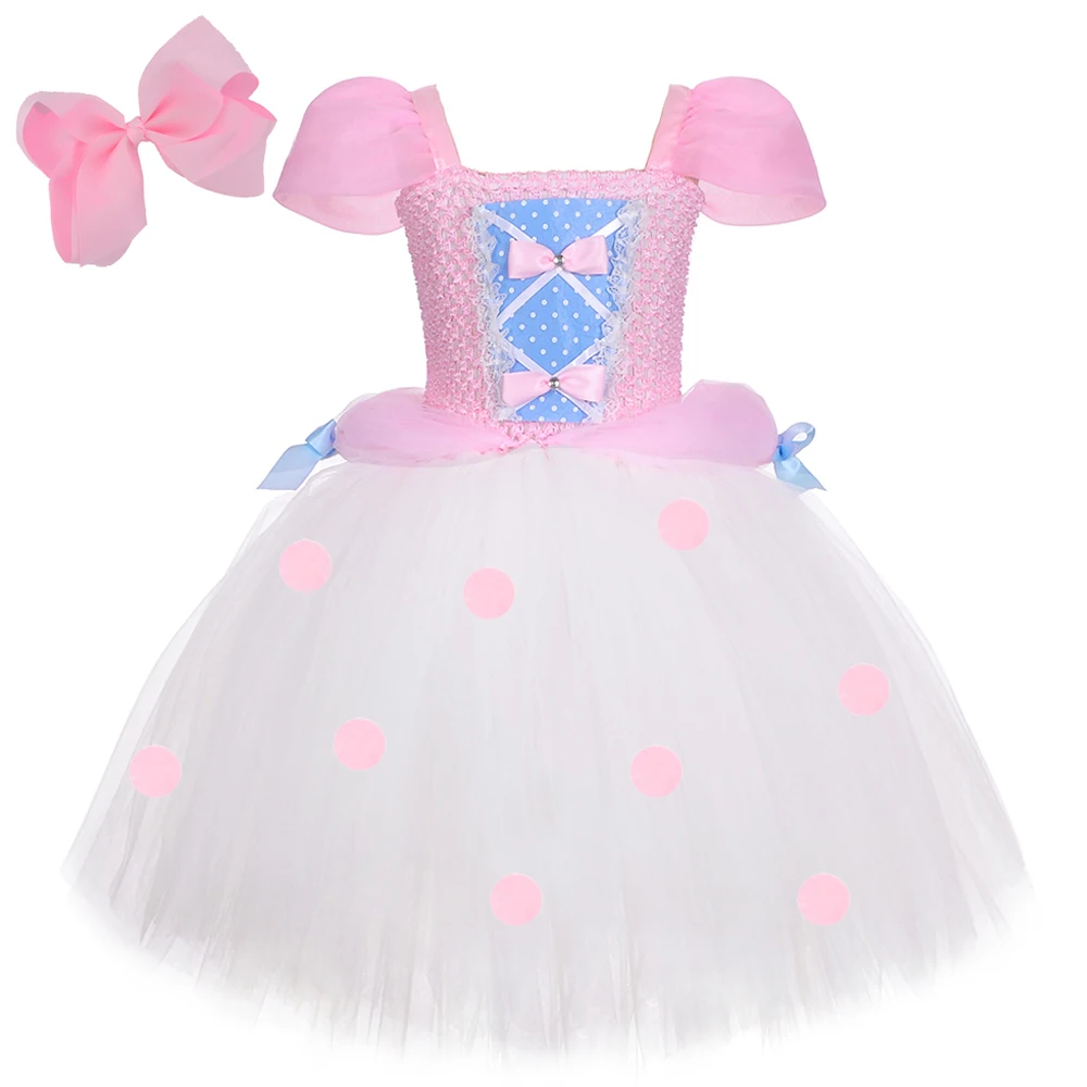 Pink Bo Peep Princess Costumes for Girls Polka Dots Sheep Lined Dresses with Puff Sleeves Kids Birthday Tutus Halloween Outfit