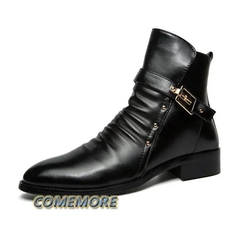 2023 Men\'s Leather Boots Pointed Fashion British High Quality High Top PU Business Shoes Casual Autumn Winter Male Boots Black