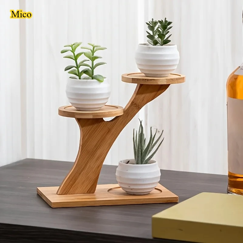 

Double Layer Bamboo Plant Shelf with 3 Holders, Ideal Desktop Ornament for Home & Office