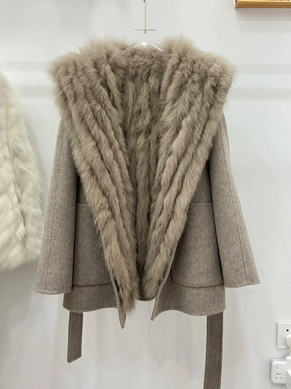 2024 New Winter Detachable Real Fox Fur Liner Woolen Jacket Women Loose Belt Double-sided Wool Coat Female Hooded Thick Coat