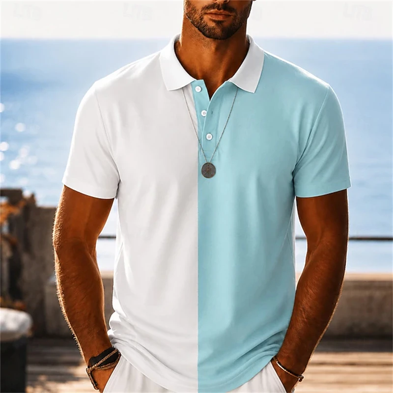 2026 New Fashionable and Innovative Blue-and-White Print Men's Polo Shirt Refreshing Summer Sports T-Shirt with A Collar