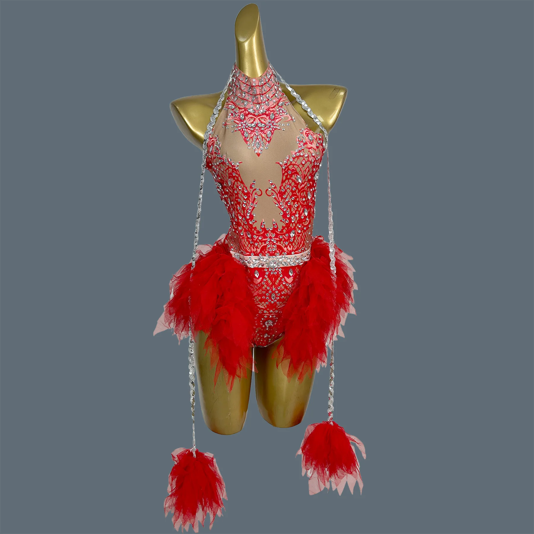 Red Rhinestone Mesh Halter Bodysuit Fluffy Tulle Tassel Stage Dance Spandex Elastic Costume Drag Queen Performer Wear Pingguo