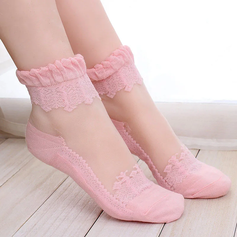 1Pair Women sport socks Lace Ruffle Ankle Sock Soft Sheer  Cotton Mesh Knit Ankle Socks Female Fitness gym yoga socks